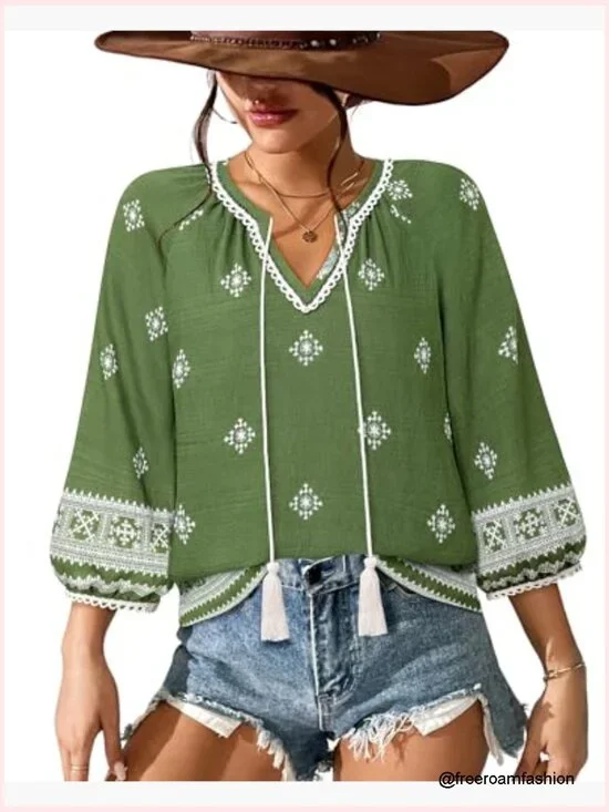 Women's Floral Print V-Neck 3/4 Sleeve Blouse Tie Front Flowy Tunic - Picture 5 of 7